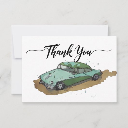 Jongens verjaardagsfeestje met tweetonige sedan bedankkaart (Voorkant)