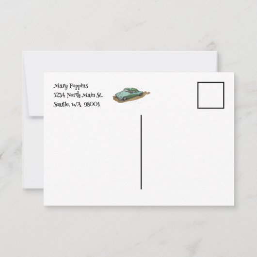 Jongens verjaardagsfeestje met tweetonige sedan bedankkaart (Achterkant)