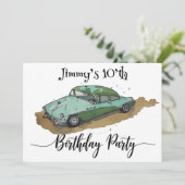 Jongens verjaardagsfeestje met Two tone sedan Save The Date (Staand voorkant)