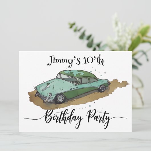 Jongens verjaardagsfeestje met Two tone sedan Save The Date (Staand voorkant)