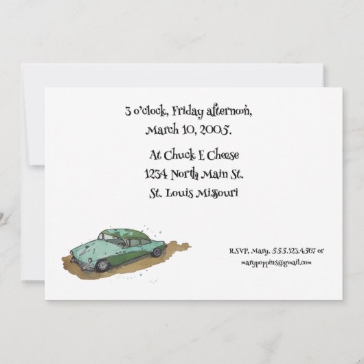 Jongens verjaardagsfeestje met Two tone sedan Save The Date (Achterkant)