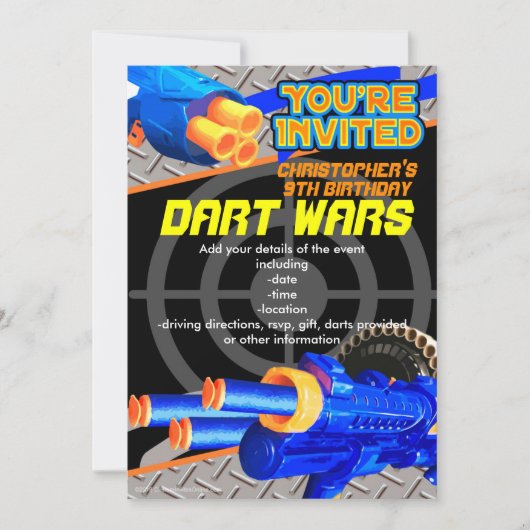 Jongens Verjaardagsfeestuitnodiging Dart Wars Kaart (Voorkant)