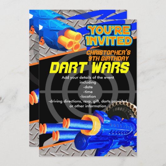 Jongens Verjaardagsfeestuitnodiging Dart Wars Kaart (Voorkant / Achterkant)
