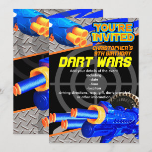 Jongens Verjaardagsfeestuitnodiging Dart Wars Kaart