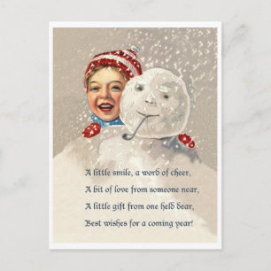 Jongens verstoppen zich achter sneeuwpop, nostalgi briefkaart