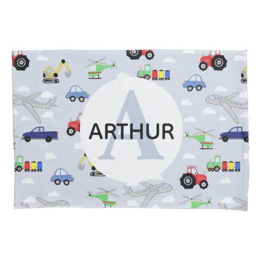 Jongens Vervoer Patroon Monogram Auto Naam Kinder Kussensloop (Voorkant-Links)
