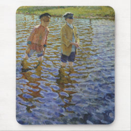 Jongens vissen in de rivier (Vintage hengelaars) Muismat