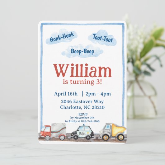 Jongens Voertuig Auto's Waterverf Verjaardagsfeest Kaart (Staand voorkant)