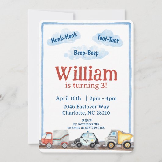 Jongens Voertuig Auto's Waterverf Verjaardagsfeest Kaart (Voorkant)