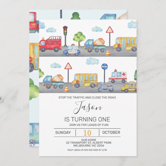 Jongens Voertuigen of Verkeersdag Uitnodiging (Voorkant / Achterkant)