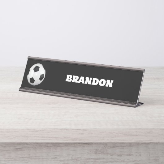 Jongens Voetbal Zwart Stijlvolle Custom Name Kinde Bureau Naambordje (Voorkant)