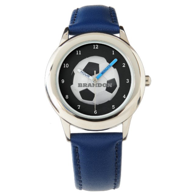 Jongens Voetbal Zwart Stijlvolle Custom Name Kinde Horloge (Voorkant)