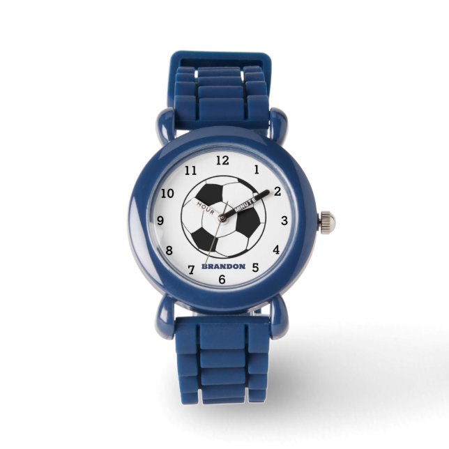 Jongens Voetbal Zwart Stijlvolle Custom Name Kinde Horloge (Voorkant)