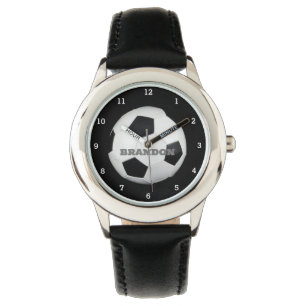 Jongens Voetbal Zwart Stijlvolle Custom Name Kinde Horloge