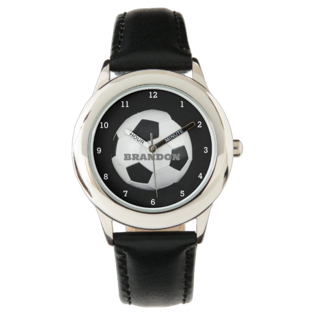 Jongens Voetbal Zwart Stijlvolle Custom Name Kinde Horloge (Voorkant)