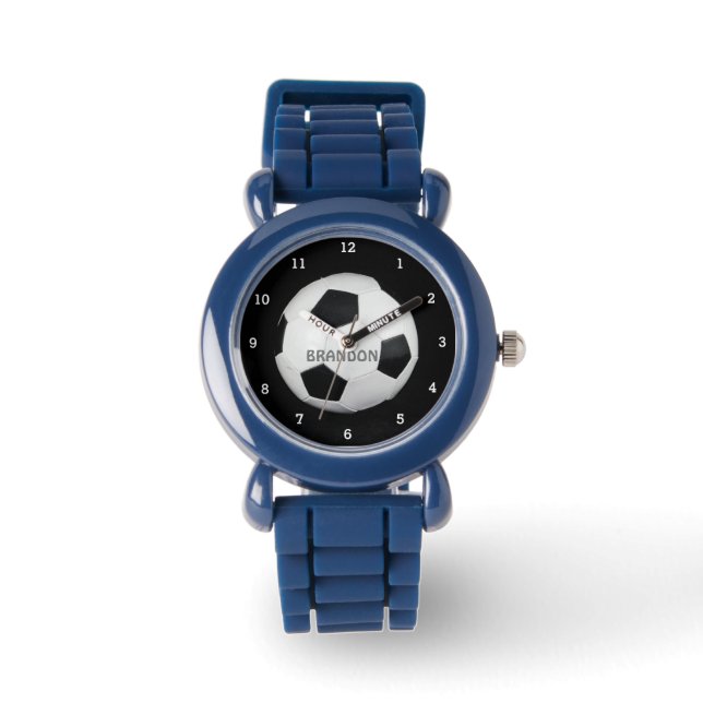 Jongens Voetbal Zwart Stijlvolle Custom Name Kinde Horloge (Voorkant)
