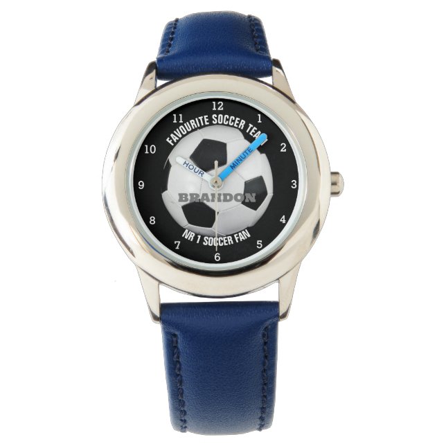 Jongens Voetbal Zwart Stijlvolle Custom Name Kinde Horloge (Voorkant)