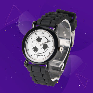 Jongens Voetbal Zwart Stijlvolle Custom Name Kinde Horloge