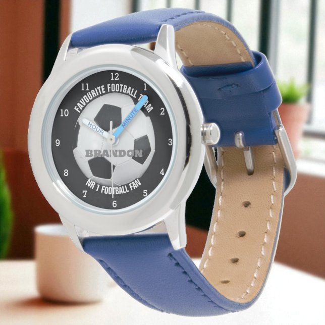 Jongens Voetbal Zwart Stijlvolle Custom Name Kinde Horloge (Creator heeft geüpload)