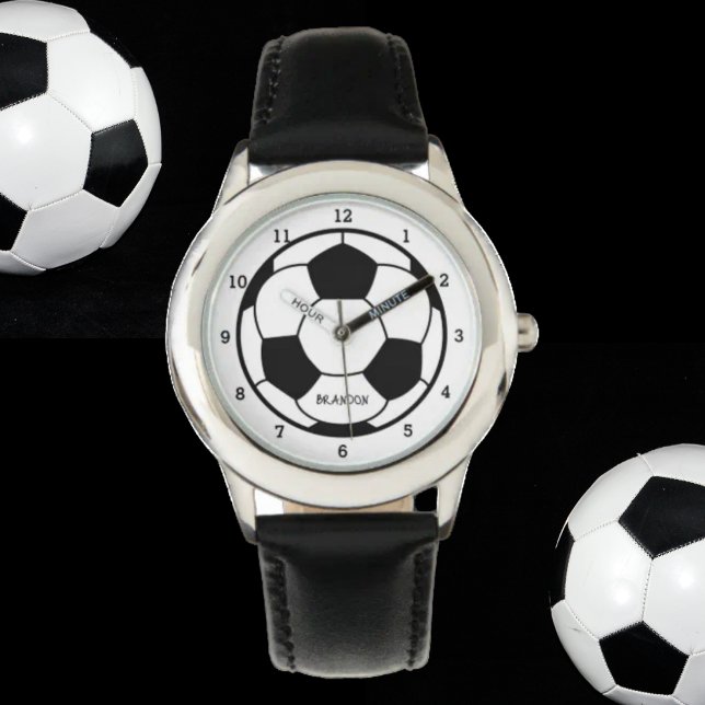 Jongens Voetbal Zwart Stijlvolle Custom Name Kinde Horloge (Creator heeft geüpload)