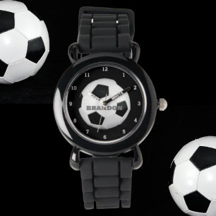 Jongens Voetbal Zwart Stijlvolle Custom Name Kinde Horloge