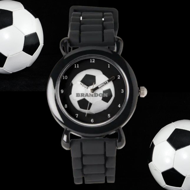 Jongens Voetbal Zwart Stijlvolle Custom Name Kinde Horloge (Creator heeft geüpload)