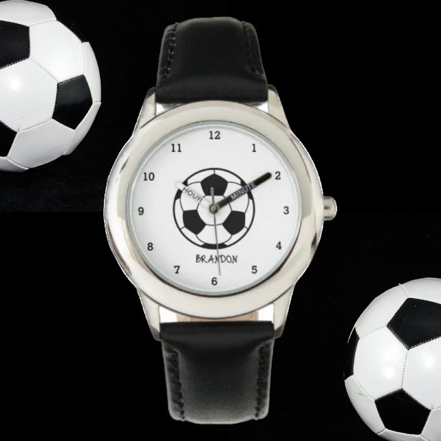 Jongens Voetbal Zwart Stijlvolle Custom Name Kinde Horloge (Creator heeft geüpload)