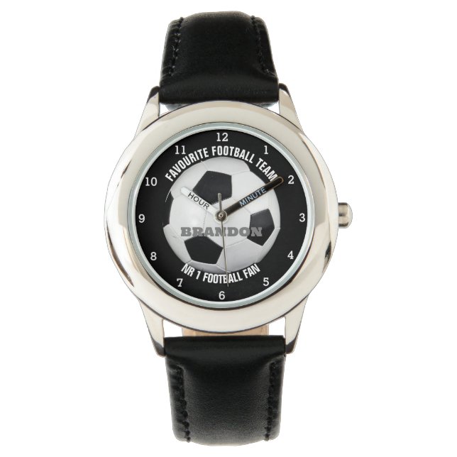 Jongens Voetbal Zwart Stijlvolle Custom Name Kinde Horloge (Voorkant)