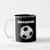 Jongens Voetbal Zwart Stijlvolle Custom Name Kinde Tweekleurige Koffiemok (Links)