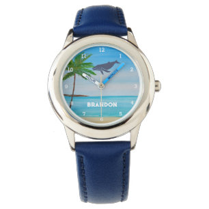 Jongens Walvis Oceaan Vis Schattige Strand Blauw K Horloge