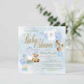 Jongens Waterverf Blauw Goud Baby Douche Invitatio Kaart (Staand voorkant)
