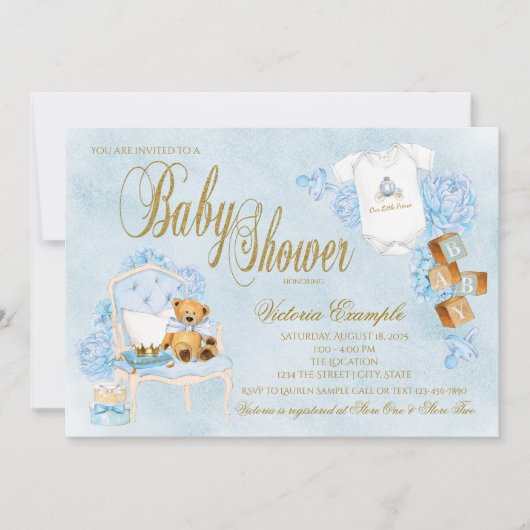 Jongens Waterverf Blauw Goud Baby shower Kaart (Voorkant)