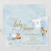 Jongens Waterverf Blauw Goud Baby shower Kaart (Voorkant / Achterkant)