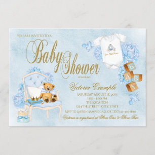Jongens Waterverf Blauw Goud Baby shower Kaart
