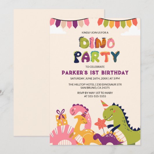 Jongens Waterverf Dinosaurus 1e Verjaardag Kaart (Voorkant / Achterkant)