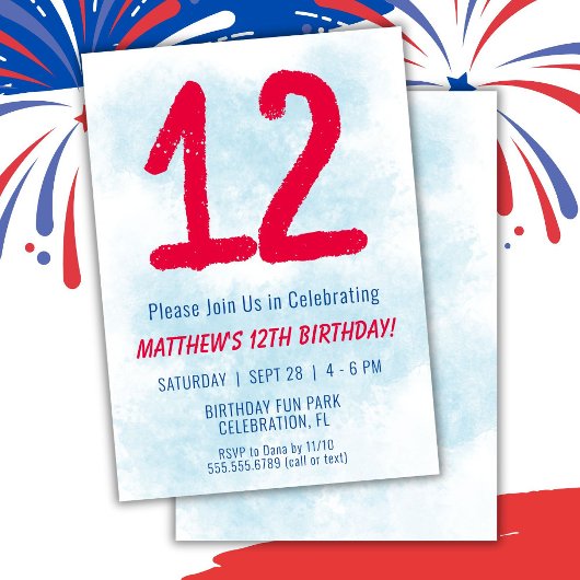 Jongens Waterverf Kinder Blauw 12e Verjaardag Kaart