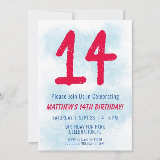 Jongens Waterverf Kinder Blauw 14e Verjaardag Kaart (Voorkant)