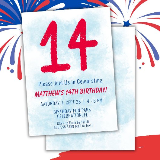 Jongens Waterverf Kinder Blauw 14e Verjaardag Kaart