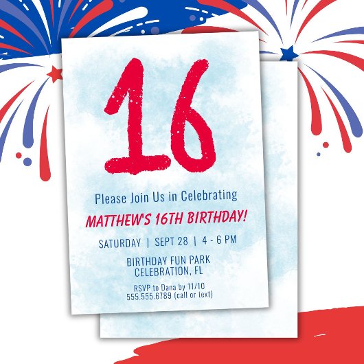 Jongens Waterverf Kinder Blauw 16e Verjaardag Kaart