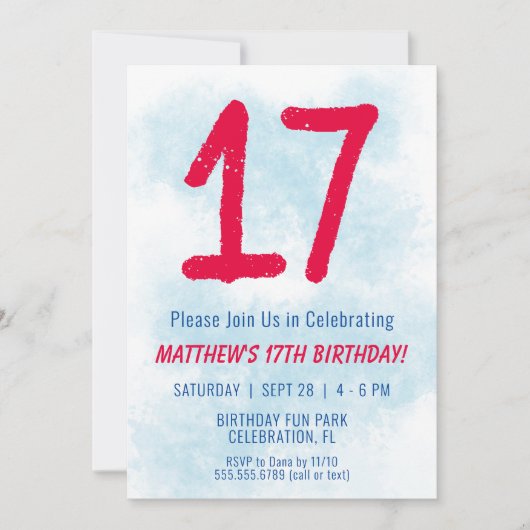 Jongens Waterverf Kinder Blauw 17e Verjaardag Kaart (Voorkant)