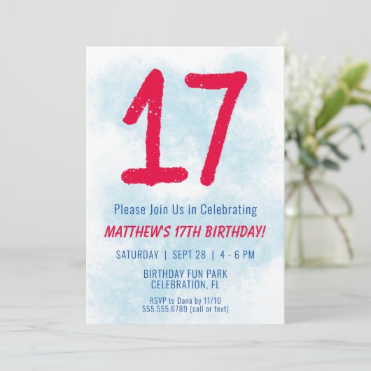 Jongens Waterverf Kinder Blauw 17e Verjaardag Kaart (Staand voorkant)