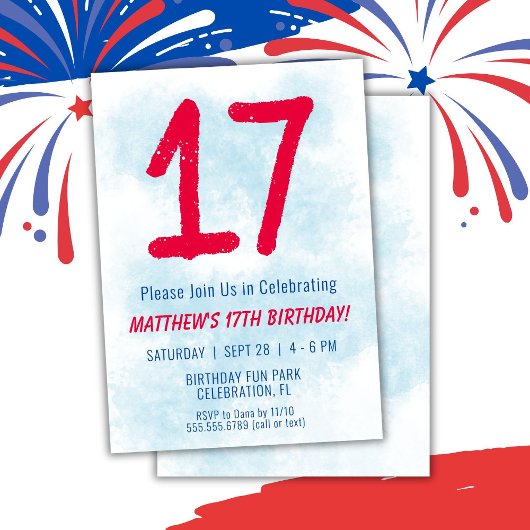 Jongens Waterverf Kinder Blauw 17e Verjaardag Kaart