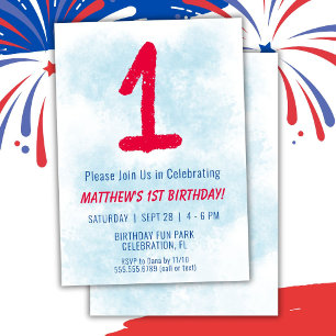 Jongens Waterverf Kinder Blauw 1e Verjaardag Kaart