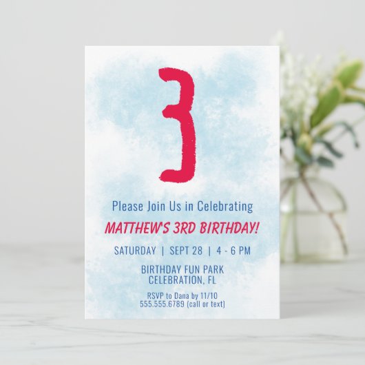 Jongens Waterverf Kinder Blauw 3e Verjaardag Kaart (Staand voorkant)