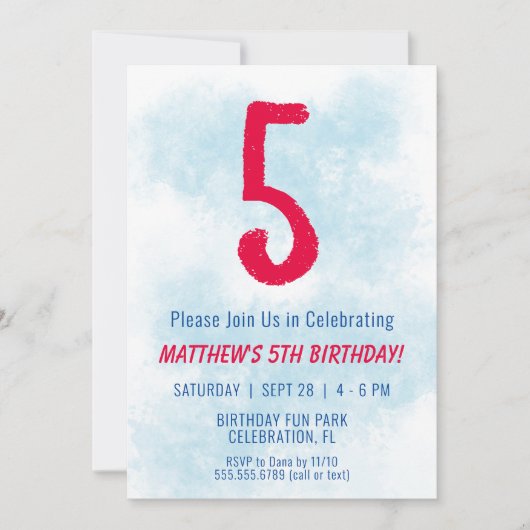 Jongens Waterverf Kinder Blauw 5e Verjaardag Kaart (Voorkant)