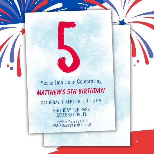 Jongens Waterverf Kinder Blauw 5e Verjaardag Kaart