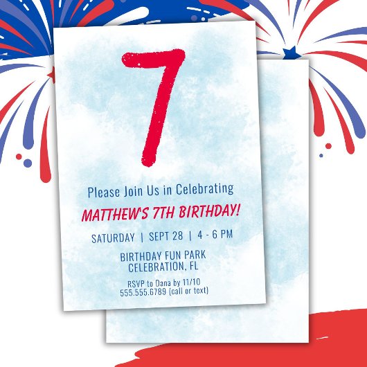 Jongens Waterverf Kinder Blauw 7e Verjaardag Kaart