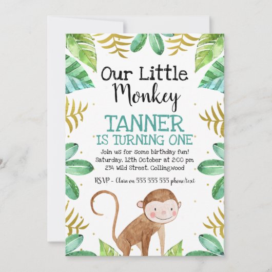 Jongens Waterverf kleine Monkey Birthday Uitnodigi Kaart (Voorkant)