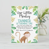Jongens Waterverf kleine Monkey Birthday Uitnodigi Kaart (Staand voorkant)