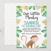 Jongens Waterverf kleine Monkey Birthday Uitnodigi Kaart (Voorkant / Achterkant)